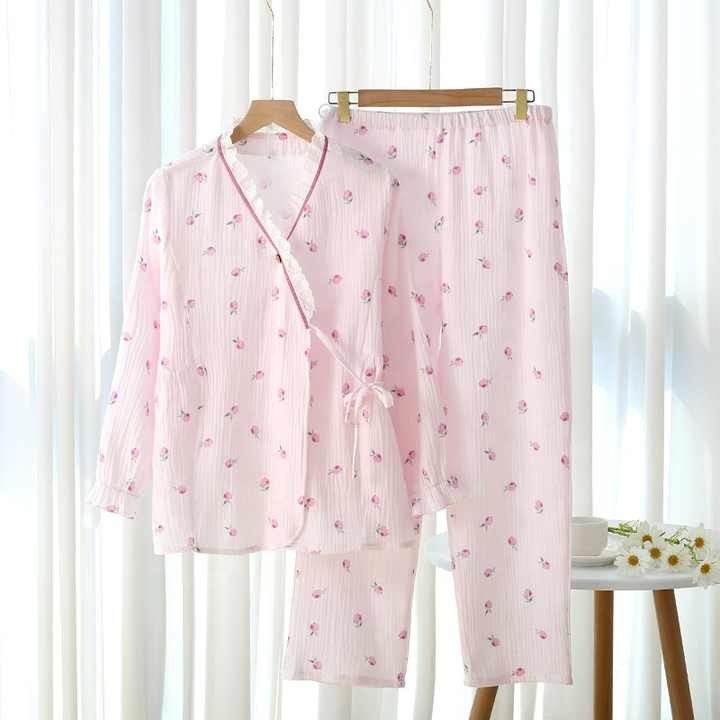 Spring and Summer 100% Cotton Long Sleeve V-neck Women Pajamas Home Suit Set